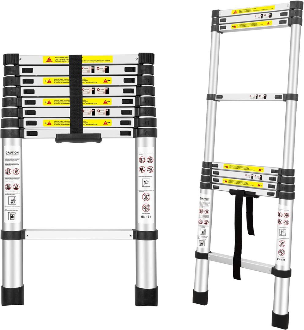 Telescoping Ladders, (8.5Ft/2.6M) EN131 Standards Aluminum Extension Ladder, Extension for RV, Attics, Families, Outdoor Work, with a Maximum Bearing Capacity of 330lbs