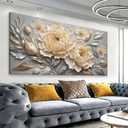 Canvas Art Wall Decor Print Silver White Flowers Wall Art For Living Room 24" X 48"
