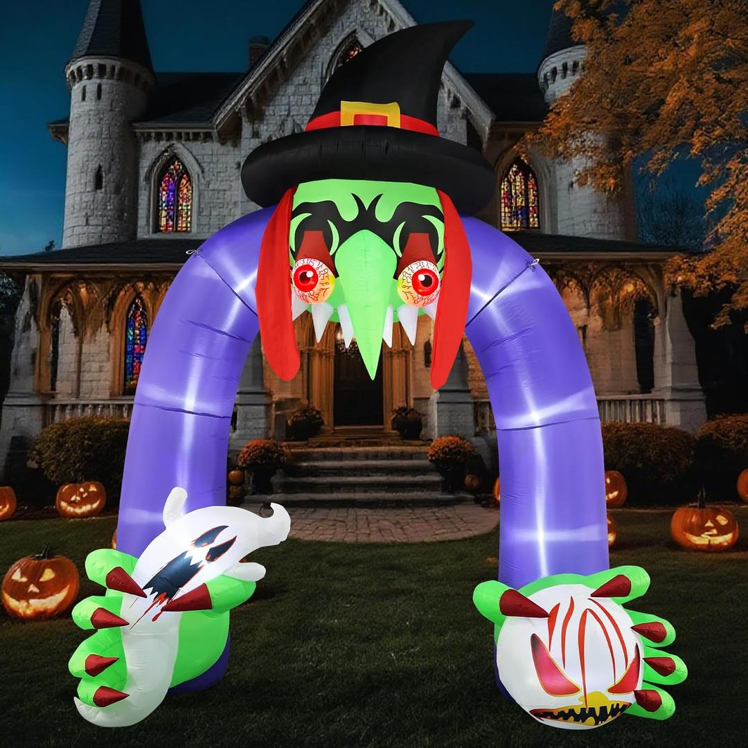 Popblow Halloween Inflatables Giant 11Ft Tall Creepy Witch Archway Outdoor Decorations, Blow Up Ghost Clown Arch Yard Decor for Outdoor Holiday Party Lawn Garden