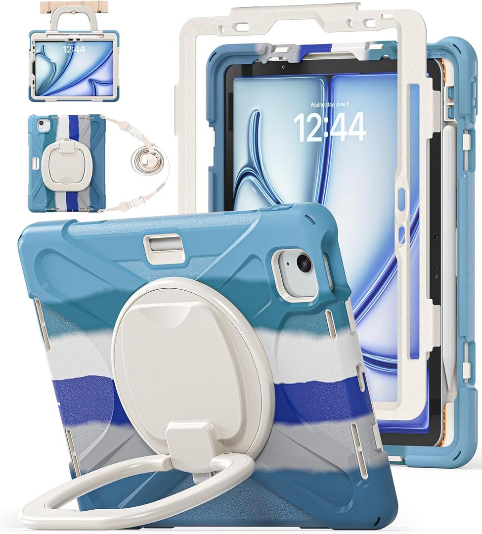 BATYUE Case for Air 11-inch M4 (2026)/ M3 (2025)/ M2 (2024), iPad Air 5th/4th 10.9 inch(2022/2020), iPad Pro 11" 4th/3rd/2nd/1st Kid Cover with 360 Rotating Stand, Pencil Holder, Strap, Blue (06-Colorful Blue)