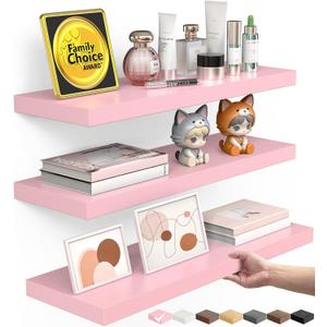 BAYKA Pink Floating Shelves for Wall Set of 3, 15.7in Wood Wall Shelves for Bathroom, Bedroom, Living Room Decor Organize, Hanging Shelf for Books/Storage/Display with 22lbs Capacity
