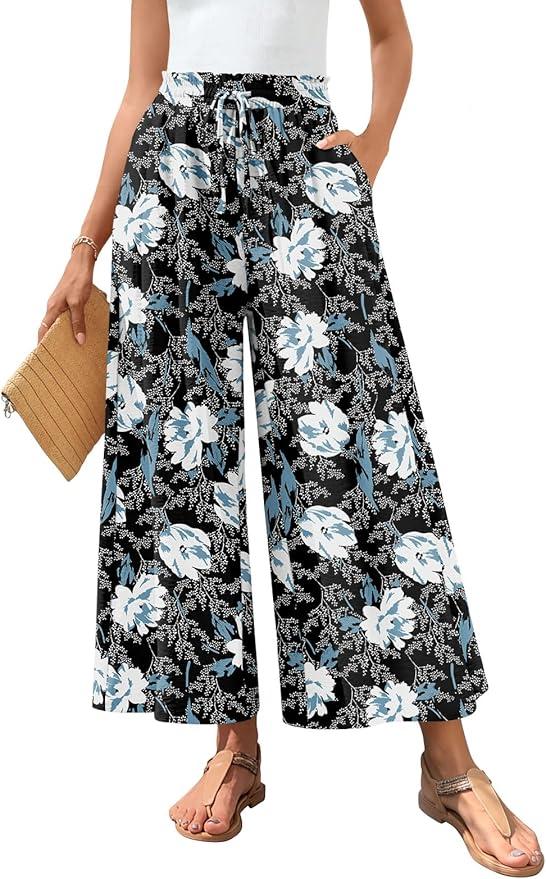 Bestbee Womens Palazzo Pants Dressy Casual Wide Leg Gaucho Pant Business Flowy Slacks Elastic Waist with Pockets, L, Black, White,Blue