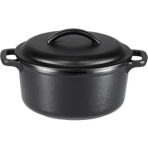 Amazon Basics Pre-Seasoned Cast Iron Mini Dutch Oven Pot with Lid and Dual Handles, Oven Safe, 2-Quart, Round, Black
