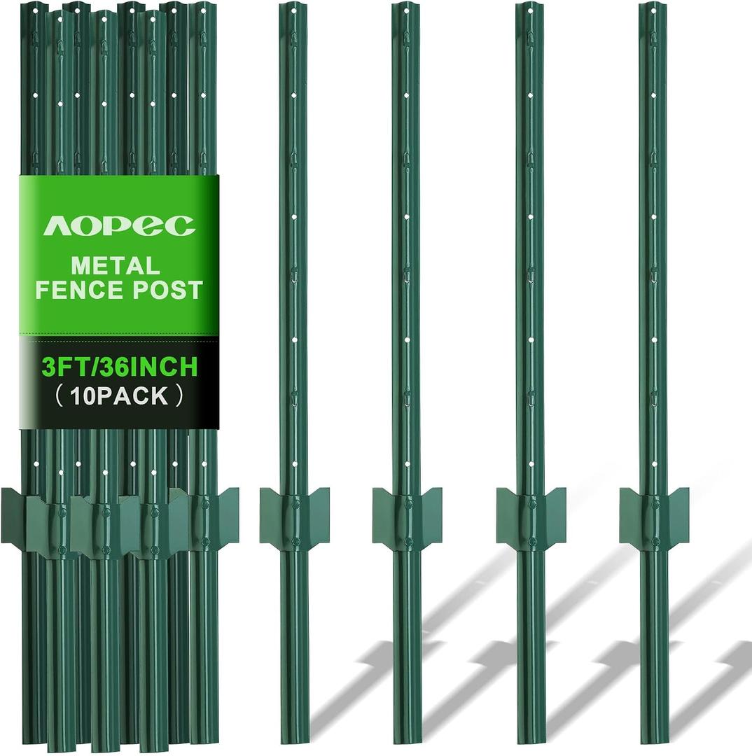 Fence Post 3 Feet / 36 Inch, Pack of 10, Heavy Duty Metal Fence Posts, No Dig U Post with U-Channel, Adjustable Tabs & Anchor Plate, Rust-Proof Steel Fence Stakes for Garden, Farm, Lawn, Poultry