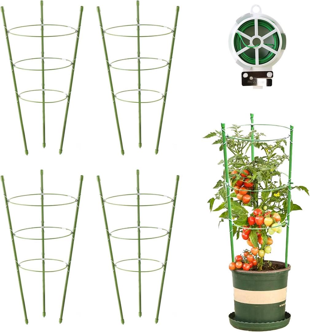 Kgozwon 4 Pack Tomato Cage Plant Support Cages for Garden, 18 inches Trellis for Climbing Plants, Upgrade Garden Plant Stakes with Adjustable Ring, Tomato Rings for Support, with Twist Tie