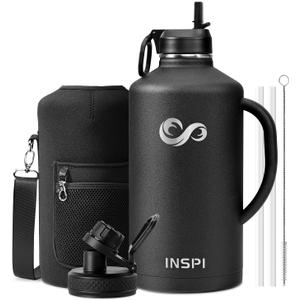 128 oz Gallon Water Bottle with Straw &2 Lids, INSPI Double Wall Vacuum Stainless Steel Metal Large Jug with Handle & Carry Pouch, 100% Leak and Splash Proof, Keep Cold Hot, Black (128 Ounces, Black with handle)
