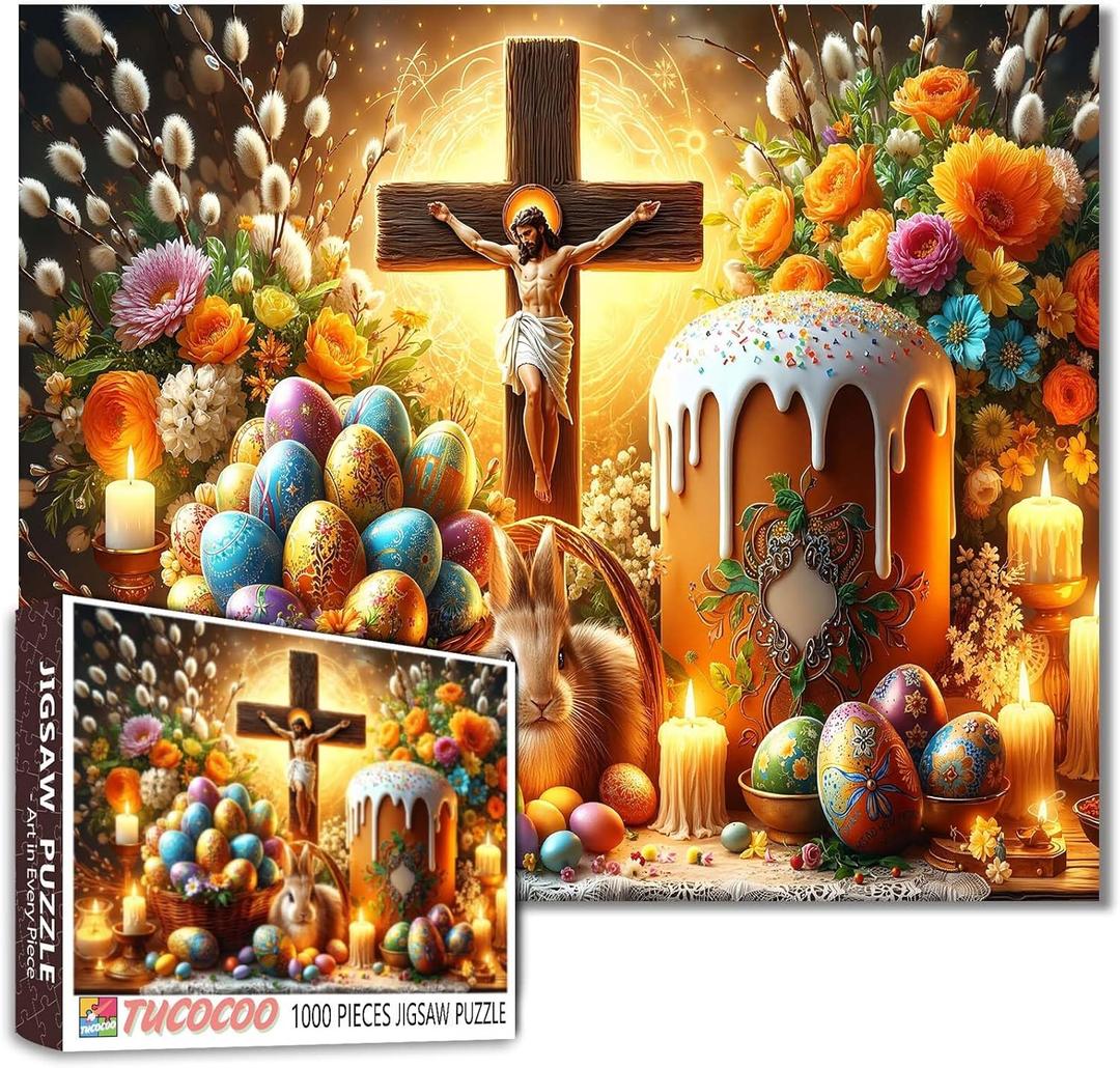 Religious Easter Puzzles for Adults 1000 Pieces Jesus on Cross Jigsaw Puzzles for Game Nights Eggs and Bread Jigsaw Puzzle for Challenging Family Activity Game DIY Craft Puzzle Home Decor Gifts