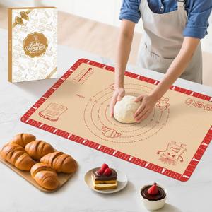 Extra Thick Silicone Baking Mat with Recipes - 26x16 inch Non Stick Pastry Mat with Measurements for Sourdough, Macarons, Bread, Pizza, Dough Rolling, Kneading, Heat Resistant to 480F Gift for Baker (Red-Brown)