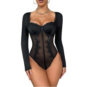 SweatyRocks Women's Sheer Lace Mesh Long Sleeve Underwire Corset Bodysuit Going Out Tops, S