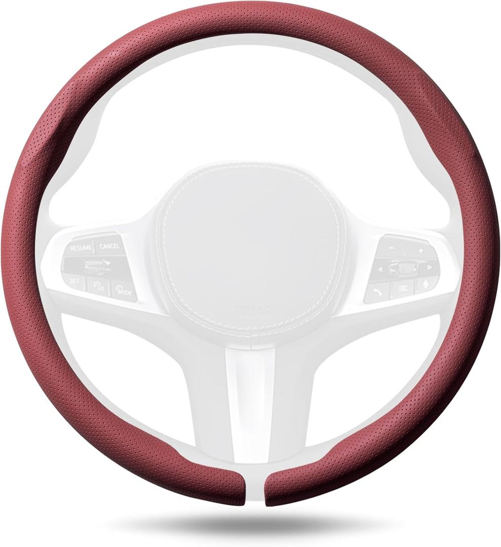 Aimato Nappa Leather Steering Wheel Cover, Ultra-Thin Car Steering Wheel Cover,Comfortable & Breathable Microfiber,Universal Fit for Most Cars,Wine Red