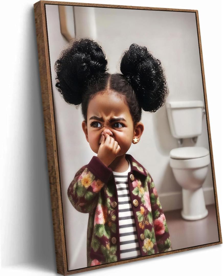 Framed Funny Black Girl Bathroom Canvas Wall art Stank Face Kids Poster Print Artwork African American Painting Picture Wall Decor for Restroom Bathroom Toilet Home Decoration 16x24in