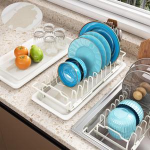 Sink Dish Drying Rack - Expandable Over Sink (15"-20" Fit), Diatomaceous Earth Tray for No-Drain Drying! Compact Dish Drainer for Small Kitchens, Apartments & RVs (White)