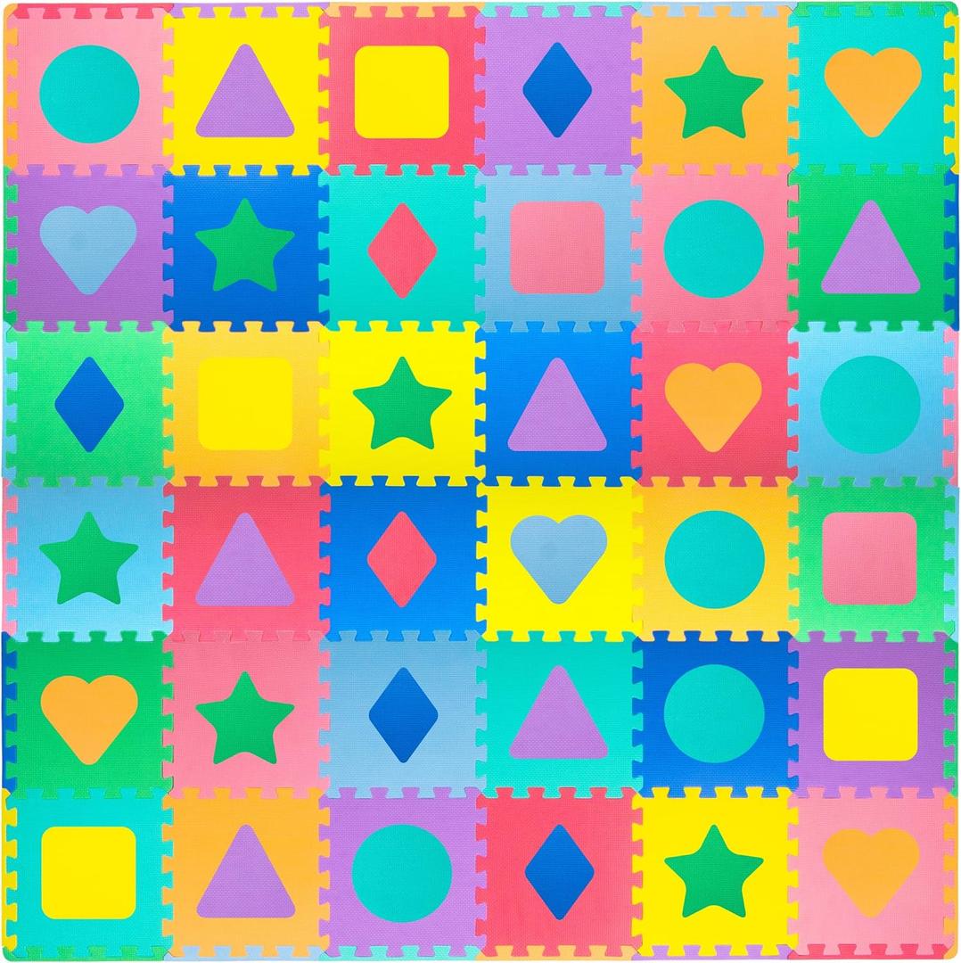 ProSource Kids Puzzle Alphabet & Numbers & Shapes Foam Play Mat 36 Tiles, 12"x12" and 24 Borders