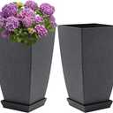 Neoaider Set of 2 Tall Planter, 21 inch Large Plastic Planter with Drain Hole & Saucers, Large Outdoor Planters for Porch, Garden, Patio, Balcony(Cement Gray)