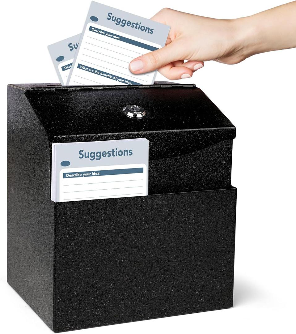 Suggestion Box with Slot and Lock, Metal Wall Mounted Ballot and 50 Free Suggestion Cards,Donation Boxes for Fundraising with 2 Keys 8.4 x 5.8 x 7.0 inch,Black (1 Pack)