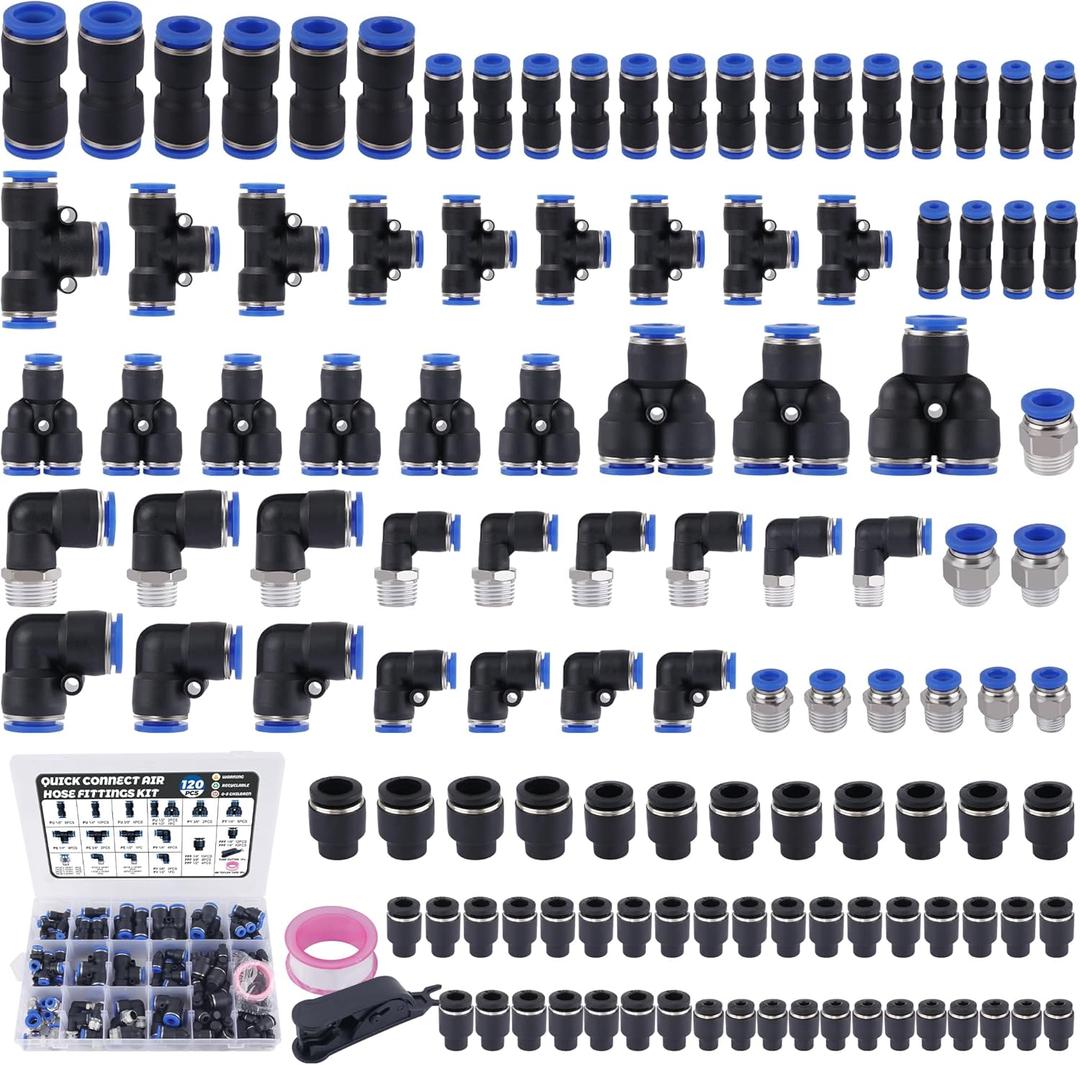120 PCS Quick Connect Air Hose Fitting Assortment Kit,1/8" 1/4" 3/8" 1/2" NPT Thread Push to Connect Fittings Pneumatic Air Line Quick Connect Quick Release Fitting Kit