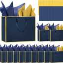 Epoesch 12 Pack Navy Blue Gift Bags with Handles  Includes 24 Tissue Paper  11.8"x10"x4"  Elegant 5 Senses Gift Bags for Wedding, Bridesmaids, Groomsmen, Guests, Valentine's Day, Easter (Navy Blue, Gold)