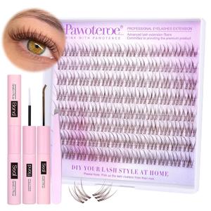 Pawotence Brown Lash Extension Kit Lash Clusters Wispy clear Band 10-12mm Individual Lashes Natural Brown Clusters Eyelash Extension Kit with Lash Bond and Seal, Lash Applicator for Self Use. Broken Case & Missing 6 Lashes