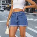 VIPONES Denim Shorts Women Stretchy High Waisted Fold Hem Jean Shorts 3.5 Inch Inseam Casual Summer Hot Shorts (Blue, L)