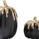 WDS WONDROUS Black and Gold Pumpkins Decoration Halloween and Fall Modern Decor, 2 PCS Artificial Resin Pumpkins Table Centerpiece for Autumn Thanksgiving Halloween Party Indoor Home Decor
