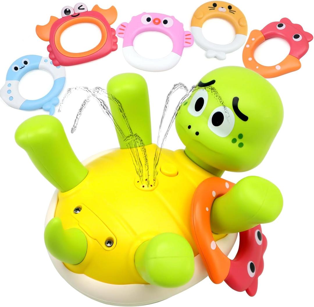 CORPER TOYS 2 in 1 Toss & Water Spraying Rechargeable Turtle Bath Toy for Toddlers, with 5 Colorful Animal Rings Floating Turtle Baby Bathtub Toy for Pool Water Table Play for Kids Gift