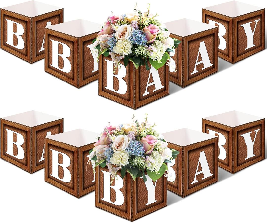 Jetec 10 Piece 7x 7x 7 inch Baby Shower Centerpiece Boxes Baby Shower Party Decorations Table Display with Letters Gender Reveal Party Favor Block Holder(Wood Style)