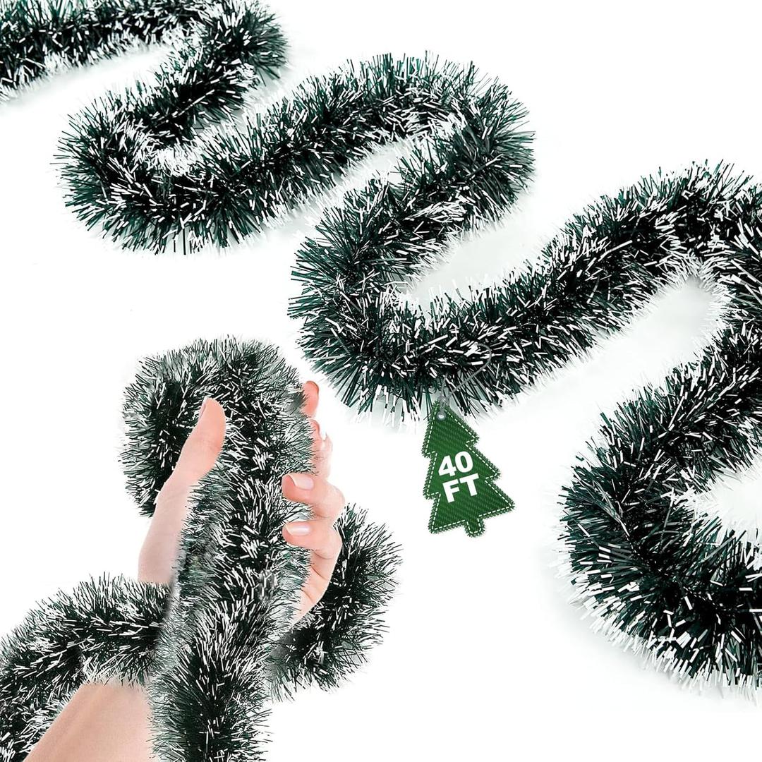 40Ft Christmas Garland - Metallic Twist Tinsel Decorations for Indoor & Outdoor, Ceiling Hanging for New Year (Green)