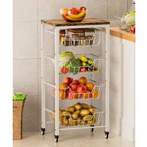 Fruit Vegetable Storage Cart for Kitchen, 5-Tier Vegetable Stand Rack with Pull-Out Metal Wire Baskets, Snack Organizer with Wood Top & Banana Holder for Pantry, Living Room, Bathroom, White