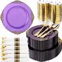 Nervure 350PCS Purple Plastic Plates - Disposable Purple Gold Party Plates & Pre Rolled Napkins with Cutlery for 50 Guests, 100Plates, 150 Silverware, 50 Cups, 50 Napkin for Wedding & Party & Bridal