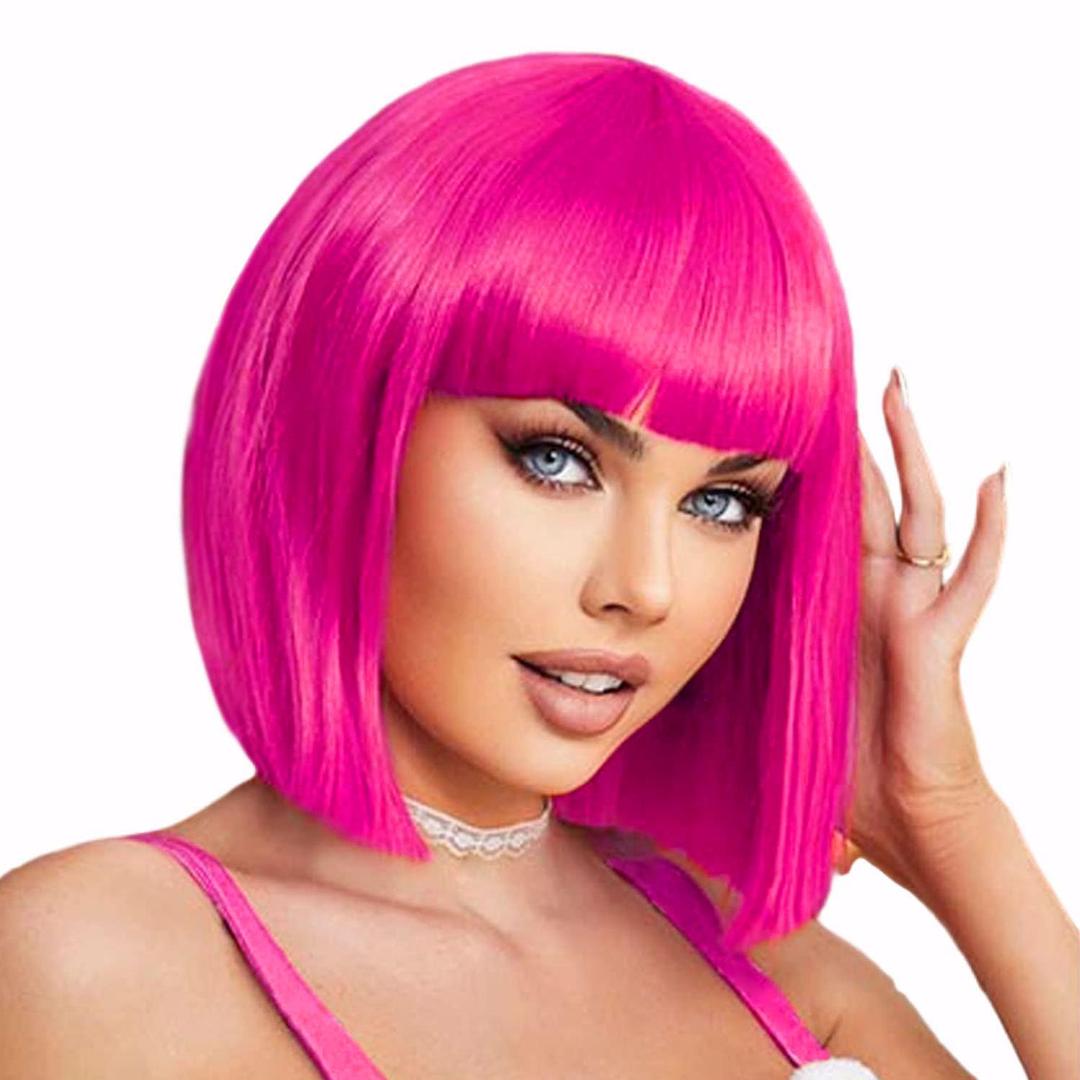 Hot Pink Bob Wig With Bangs 12 Inch Short Synthetic Fiber Bob Wigs for Women Short Bob Wigs and Halloween Cosplay Wig for Daily Life Colorful Wigs With One Cap (Hot Pink)