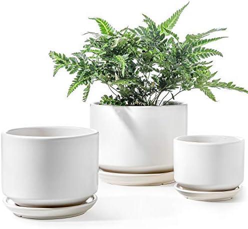 LE TAUCI Ceramic Plant Pots, 4.3+5.3+6.8 inch, Set of 3, Planters with Drainage Hole and Saucer, Indoor Flower Pot with Hole Mesh Pad, Gifts for Mom, White