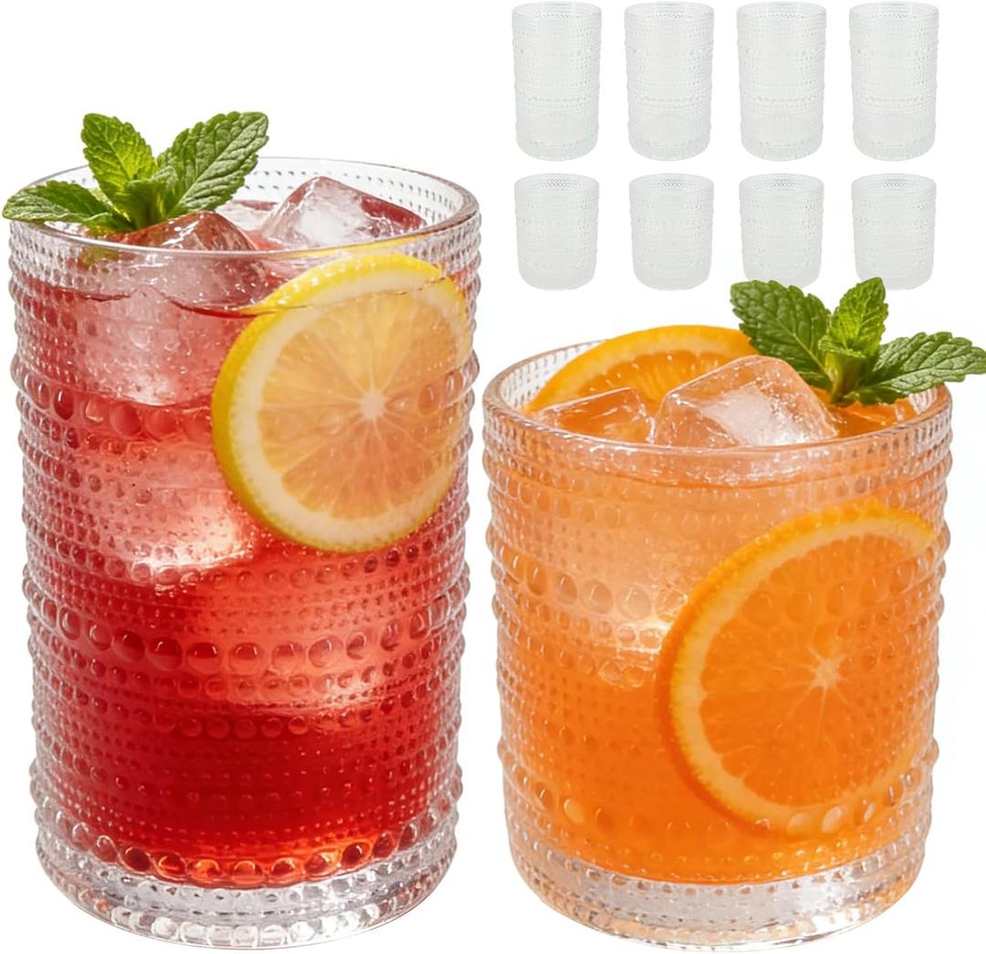 Hobnail Drinking Glasses Set of 8Includes 12-ounce beer glasses and 10-ounce cocktail glasses.Kitchen Water Glass Cup,Bar Tumbler Glassware Set for Whiskey, Beer, Cocktail, Juice, Milk (8pcs, Transparent)