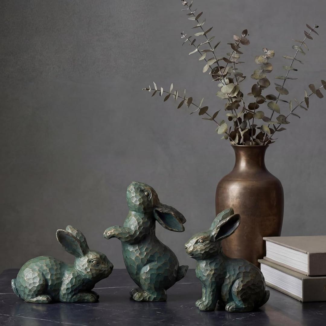 Gerrii Large Easter Bunny Decor 3 Pcs Rabbit Figurines - 5.9" Vintage Resin Bunny Statues for Home Spring Decor Tabletop Centerpiece Farmhouse Indoor Decoration Gift(Bronze)