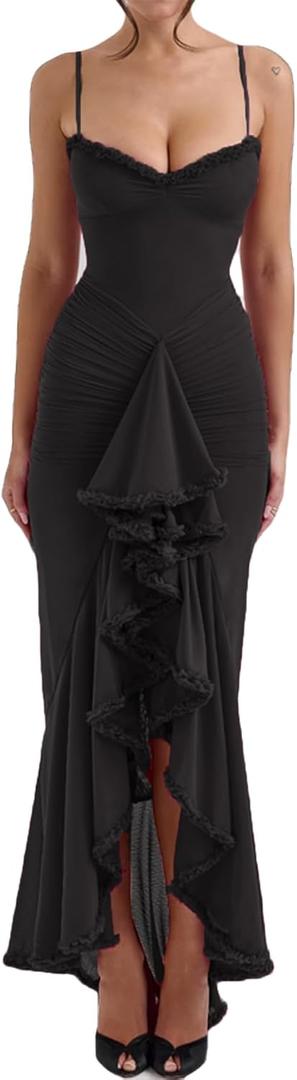 meilun Elegant Mesh Wedding Guest Dress Flowy Ruffle Bodycon Maxi Dress Fishtail Long Formal Dress L