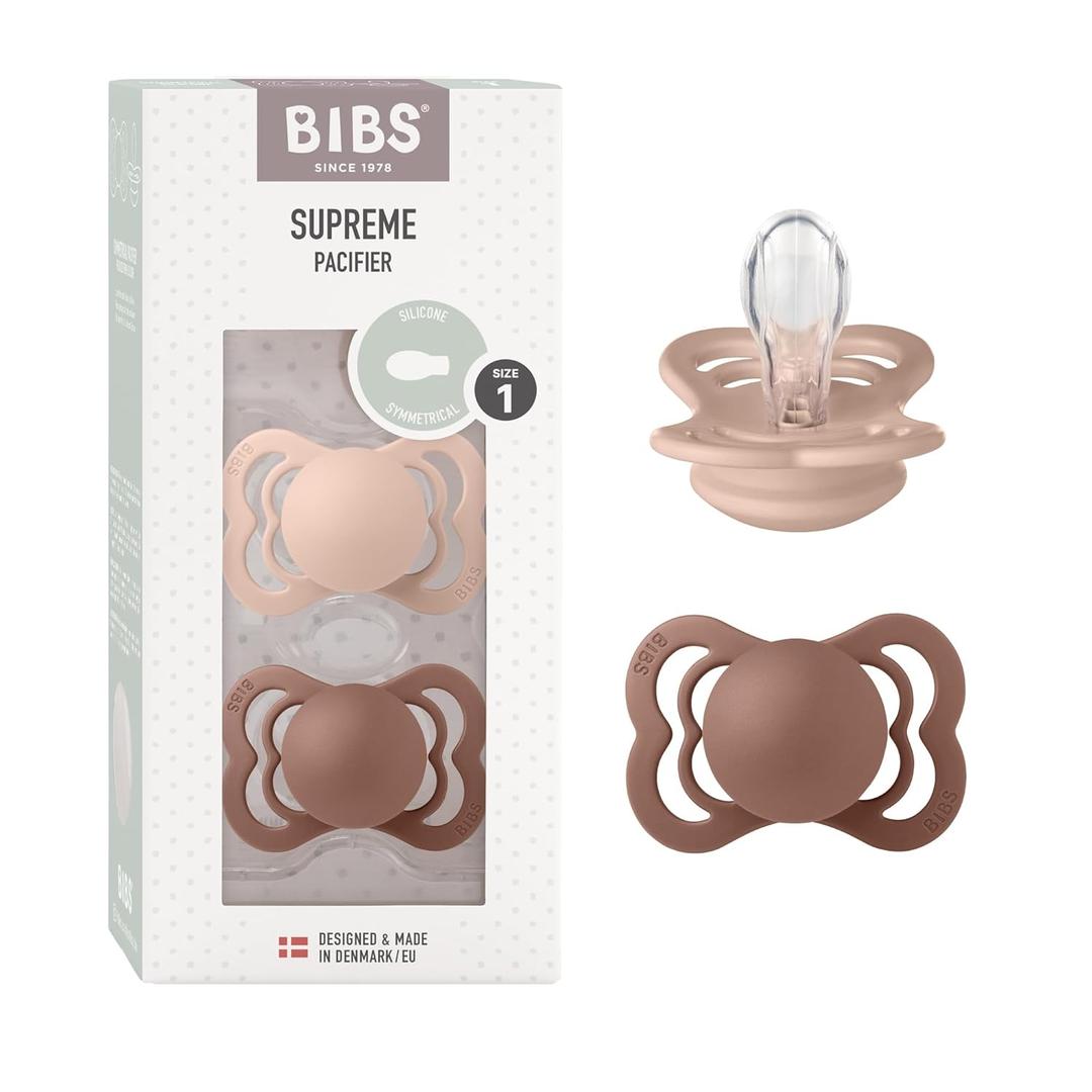 BIBS Pacifiers - Supreme Collection | Symmetrical Nipple | Silicone | Made in Denmark | Set of 2 Woodchuck/Blush Color Premium Soothers | Size 0-6 Months