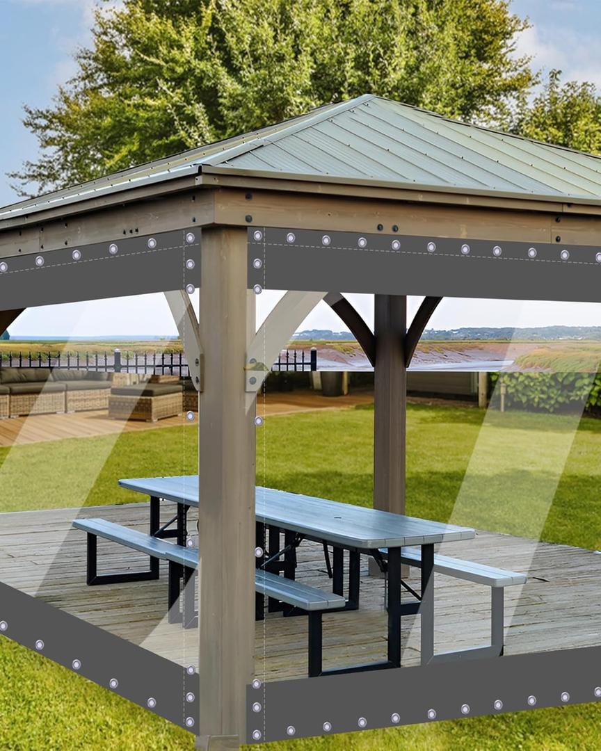 10'H x10'W Outdoor Vinyl Curtain 20oz Super Weighted Clear Vinyl Patio Enclosure,Clear Outdoor Curtains Heavy Duty Waterproof Transparent Tarp with Grommets for Patio Gazebo Balcony Pergola (Dark Grey)