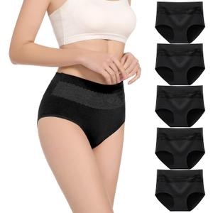 HAVVIS Women's Briefs Underwear Cotton High Waist Tummy Control Panties Rose Jacquard Ladies Panty Multipack (Medium, Brief 06 - 5 Pack - Black)