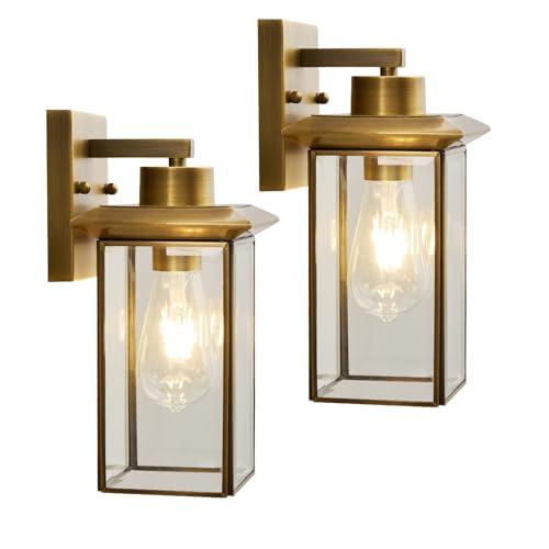 Brass Outdoor Wall Light Fixtures, Exterior Waterproof Lanterns, Porch Wall-Mounted Lights with E26 Socket and Glass Shade – Modern Rustproof Wall Sconces for Yard, Front Door & Entryway.2-Pack