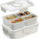 Snackle Box Container, Upgrade Dishwasher,Safe Snack Box for Adult Kids, 4 compartments Plastic Divided Serving Tray with Lid and Handle for Candy, Fruits, Snacks, Nuts,Small,White,2 Pack
