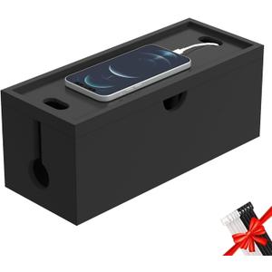 Bamboo Cable Management Box, Large Cord Organizer Box Cable Box to Hide Wires & Power Strips for Desktop Storage Cord Holder for Office Home,No Assembley Required (All Black, 1Medium)