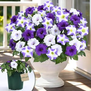MARTINE MALL Artificial Flowers for Outdoors, 1 Potted Realistic Fake Outdoor Flowers, UV Resistant Silk Petunia Flower for Outside Look Real Faux Flower Plants in Pot for Porch Garden Decor, 20'' (Purple White)
