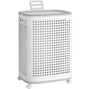 SONGMICS Laundry Hamper with Wheels, Plastic Laundry Basket, 19.8 Gallons (75 L), Slim Storage Basket, for Bathroom, Bedroom, White and Gray URLH020WG01