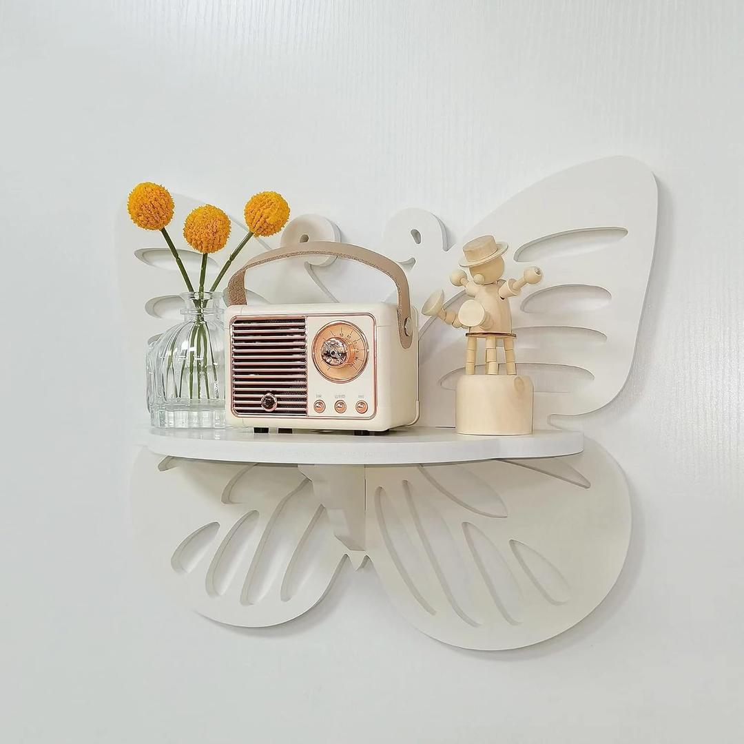 Butterfly Shaped Nursery Wall Deor Floating Shelf, Cute Wall Display Rack for Kids Room, Small Decorative Shelf Wall Mounted, White Hanging Wall Shelf for Toys, Plants and Decorations Storage, White