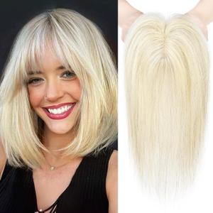 REECHO 10 Inch Hair Toppers for Women Real Human Hair Toppers with Bangs for Women, Silver White Blonde