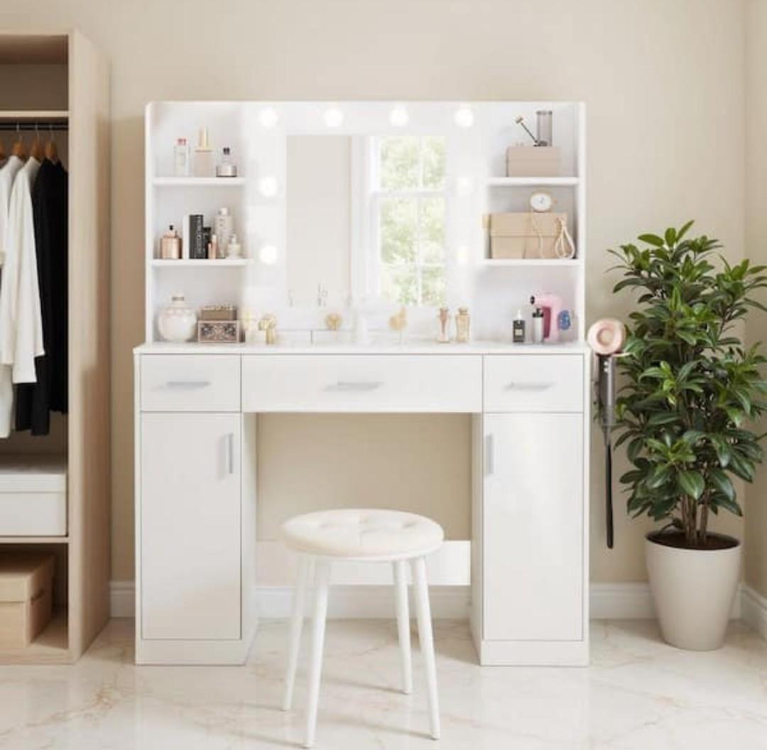 2-Cabinet White Makeup Vanity Dressing Table with Adjustable Mirror, 6-Shelves Power Outlet, for Women Girls Bedroom