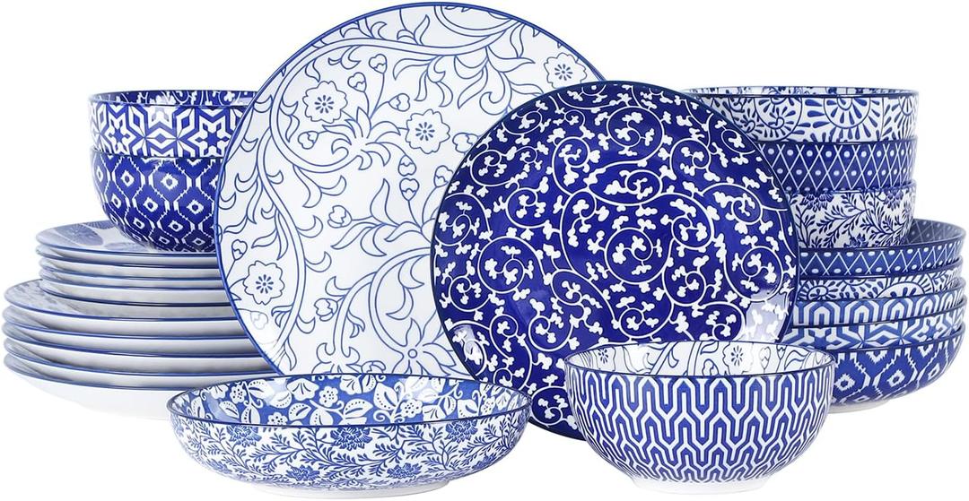 Selamica Ceramic Dinnerware Sets for 6, 24 Piece Plates and Bowls Sets, Highly Chip and Crack Resistant Dishes Set-Dishwasher & Microwave & Oven Safe, Vintage Blue