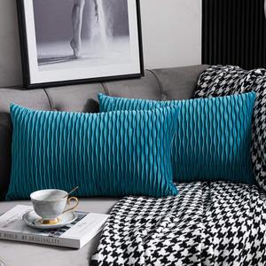 DEZENE Turquoise Throw Pillow Cases 12x20: 2 Pack 12x20 Inch Original Striped Velvet Rectangular Decorative Pillow Covers for Farmhouse Couch (20" x 12" (Pack of 2))