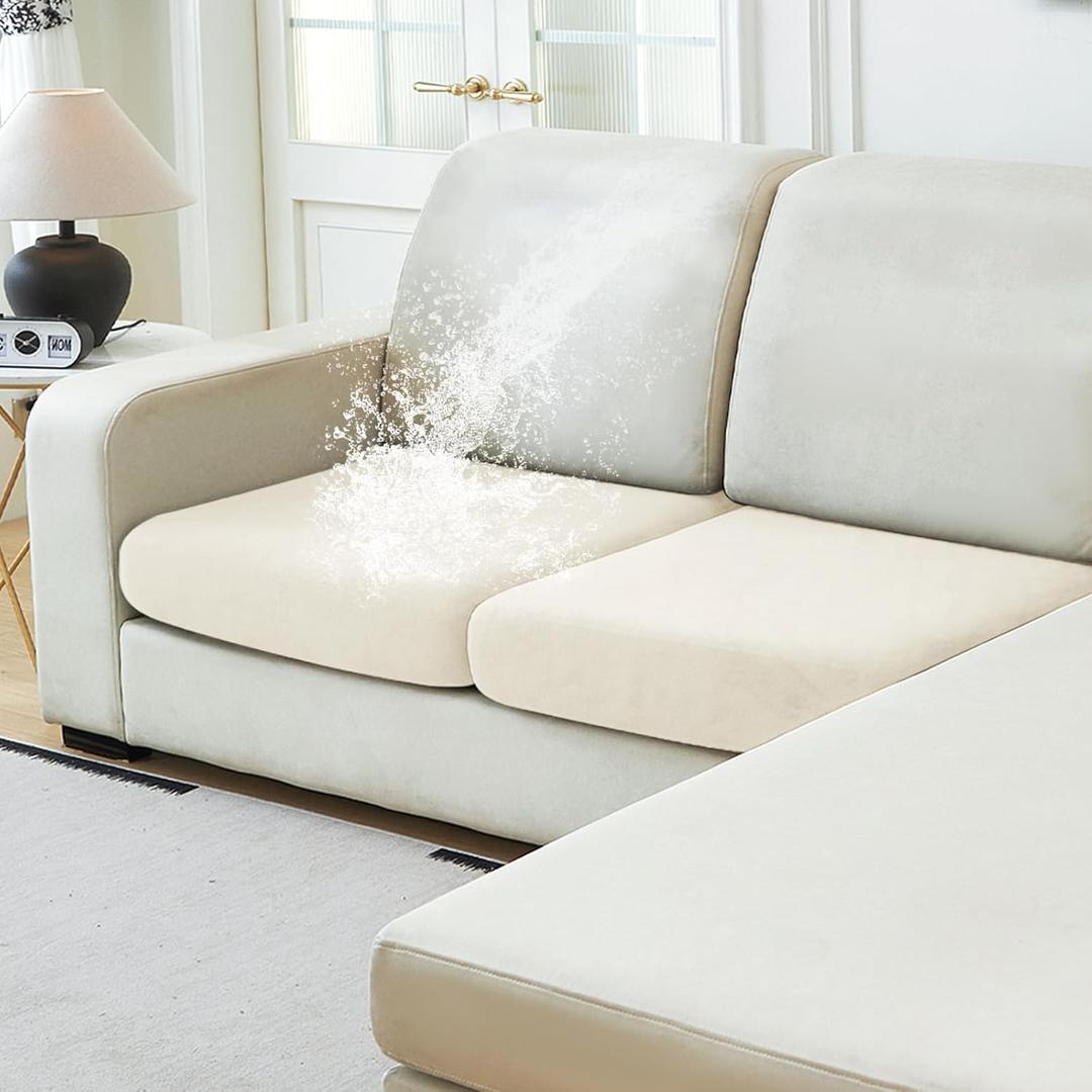 NAISI Waterproof Couch Cushion Covers Thick Velvet Fabric Washable Sofa Slipcovers 2 Pieces Individual Sectional Couch Covers with Elastic Bottom(2 Pcs for 2-Seat or Backrest,Ivory White)