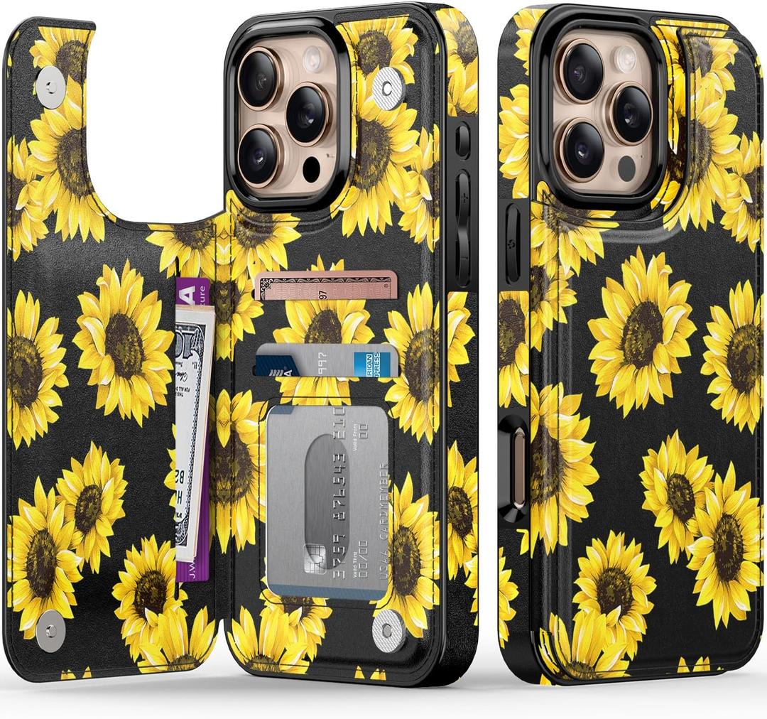 LETO for iPhone 16 Pro Wallet Case - Flip Folio Leather Kickstand - Fashionable Flower Designs - Credit Card Holder - Protective Phone Cover for Women and Girls - 6.3" - Blooming Sunflowers