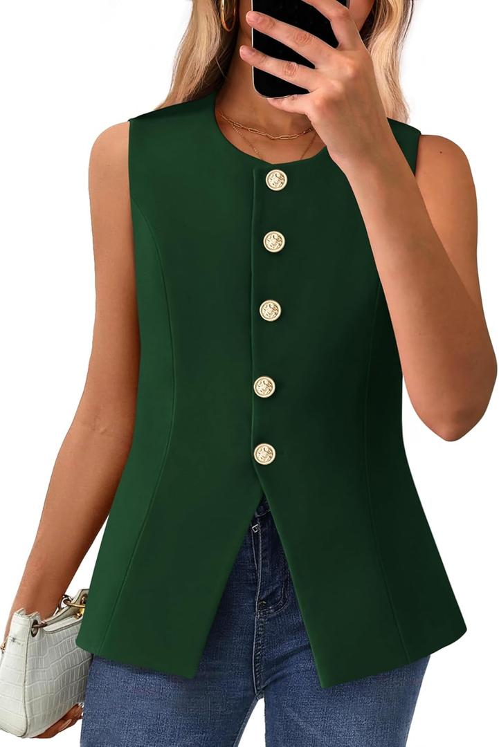 BTFBM Summer Sleeveless Blazer Vest For Women Dressy Button Down Round Neck Business Casual Outfits Work Suit Vests Tops (Green, M)